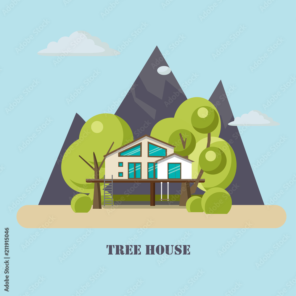 Naklejka premium House on the tree for adults and kids.Flat illustration with mountains.