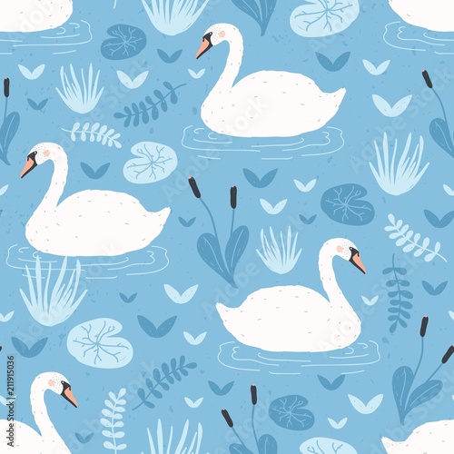 Seamless pattern with white swans floating in water pond or lake among plants. Backdrop with beautiful wild birds, waterfowl. Flat hand drawn vector illustration in cartoon style for textile print.