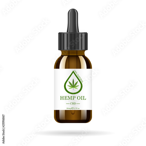 Realistic brown glass bottle with hemp oil. Mock up of cannabis oil extracts in jars. Medical Marijuana logo on the label. Vector illustration.