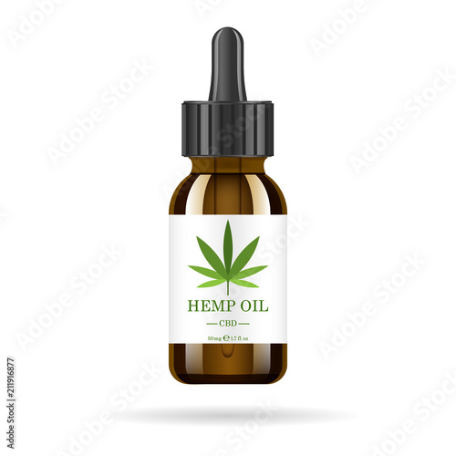 Realistic brown glass bottle with hemp oil. Mock up of cannabis oil extracts in jars. Medical Marijuana logo on the label. Vector illustration.