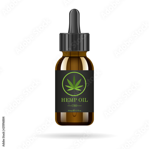 Realistic brown glass bottle with hemp oil. Mock up of cannabis oil extracts in jars. Medical Marijuana logo on the label. Vector illustration.