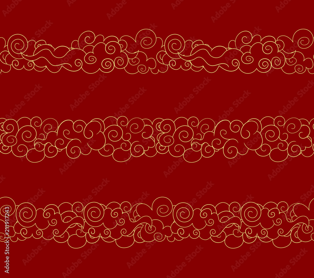 Vector Seamless Oriental Clouds, Golden Lines, Traditional Style Design Elements Set.