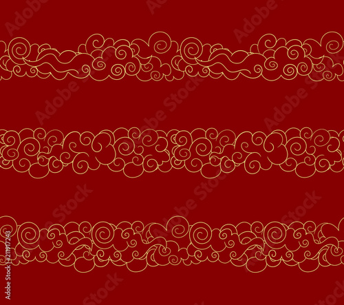 Vector Seamless Oriental Clouds, Golden Lines, Traditional Style Design Elements Set.