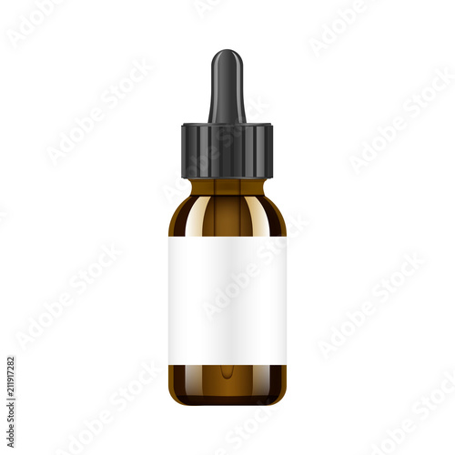 Realistic essential oil brown bottle. Mock up bottle. Cosmetic vial, flask, flacon. Medical bank. Cosmetic dropper-bottle with design label. Vector illustration.
