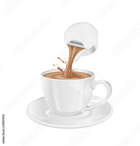 Single serve cup for dairy creamer. Glass coffee cup and saucer