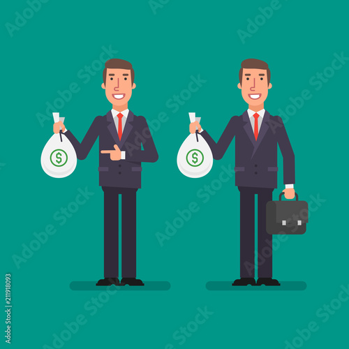 Businessman holds bag money holds suitcase and smiling