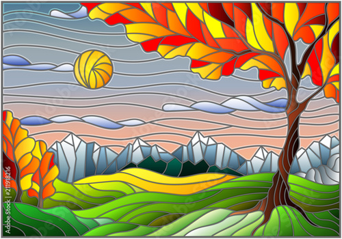 Illustration in stained glass style with autumn landscape,  tree on mountain landscape and Sunny sky background
