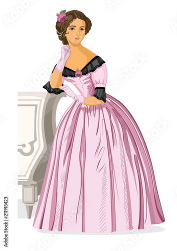 Vector retro woman from nineteenth century. Vector illustration on white background.