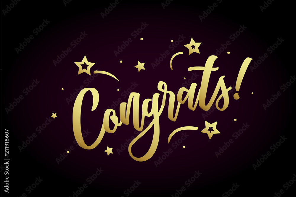 Congrats card, banner. Beautiful greeting poster with calligraphy gold text word ribbon star, hand drawn design elements. Handwritten modern brush lettering on a black background isolated vector Congrats card, banner. Beautiful greeting poster with calligraphy gold text word ribbon star, hand drawn design elements. Handwritten modern brush lettering on a black background isolated vector