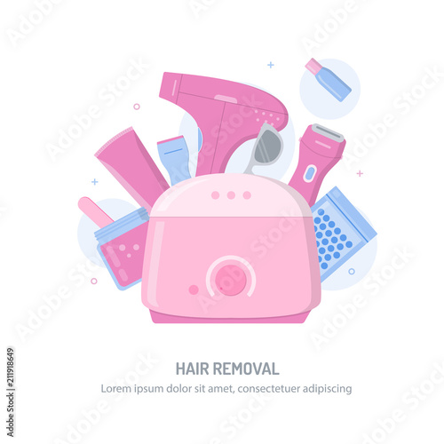 Tools and cosmetics for hair removal. Template for your design with text area. Flat style banner. Vector illustration concept.