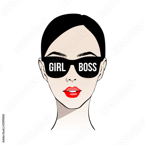 Girl boss. Fashion girl with red lips in sunglasses girl boss. Beautiful brunette woman face vector illustration. Stylish original graphics portrait with beautiful young attractive girl model