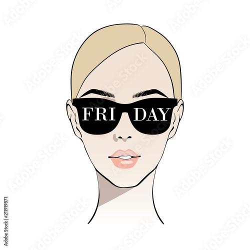 Vector girl in glasses friday. Hello friday. Fashion Beautiful blonde woman face vector illustration. Hand drawn stylish woman in sketch style. Beautiful face. Young model art in vogue style.