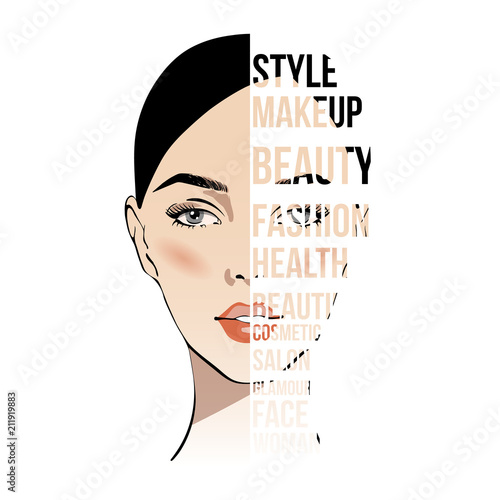 Glamour fashion beauty woman face illustration with fashion inscription and letters on face. Half of female face with one eye and make-up of pink color in watercolor style. Vector illustration.