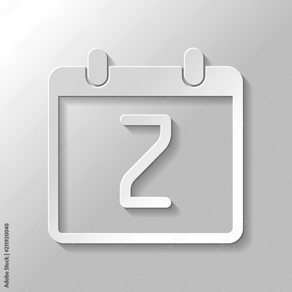 calendar with 2 day, simple icon. Paper style with shadow on gra