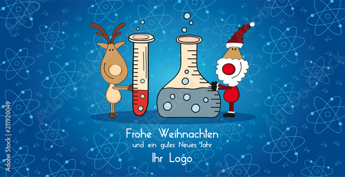 Weihnachtskarte Atom und Reagenzgläser mit Weihnachtsmann und Elch, DIN lang - cartoon-IT