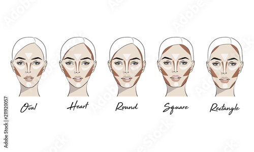 Contouring makeup for different types of woman's face. Vector set of different forms of female face. How to put on perfect make up. Contouring and highlighting for face shapes.