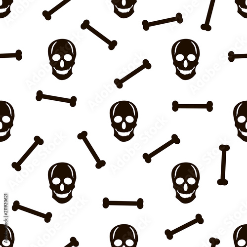 Seamless pattern with black skulls and bones on the white background.