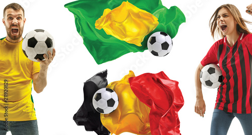 The collage about emotions of football fans of Brazil and Belgium teems and flags isolated on white background © master1305