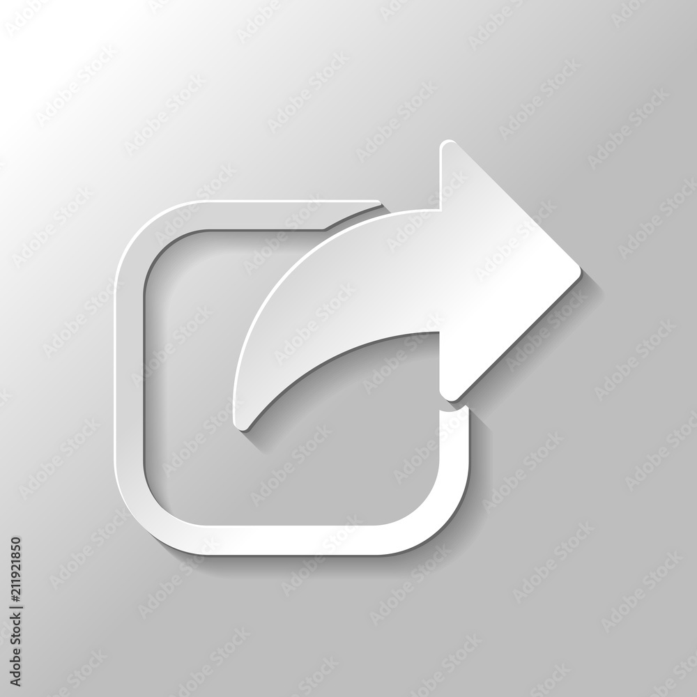 Share icon. Arrow and square. Paper style with shadow on gray ba Share icon. Arrow and square. Paper style with shadow on gray ba