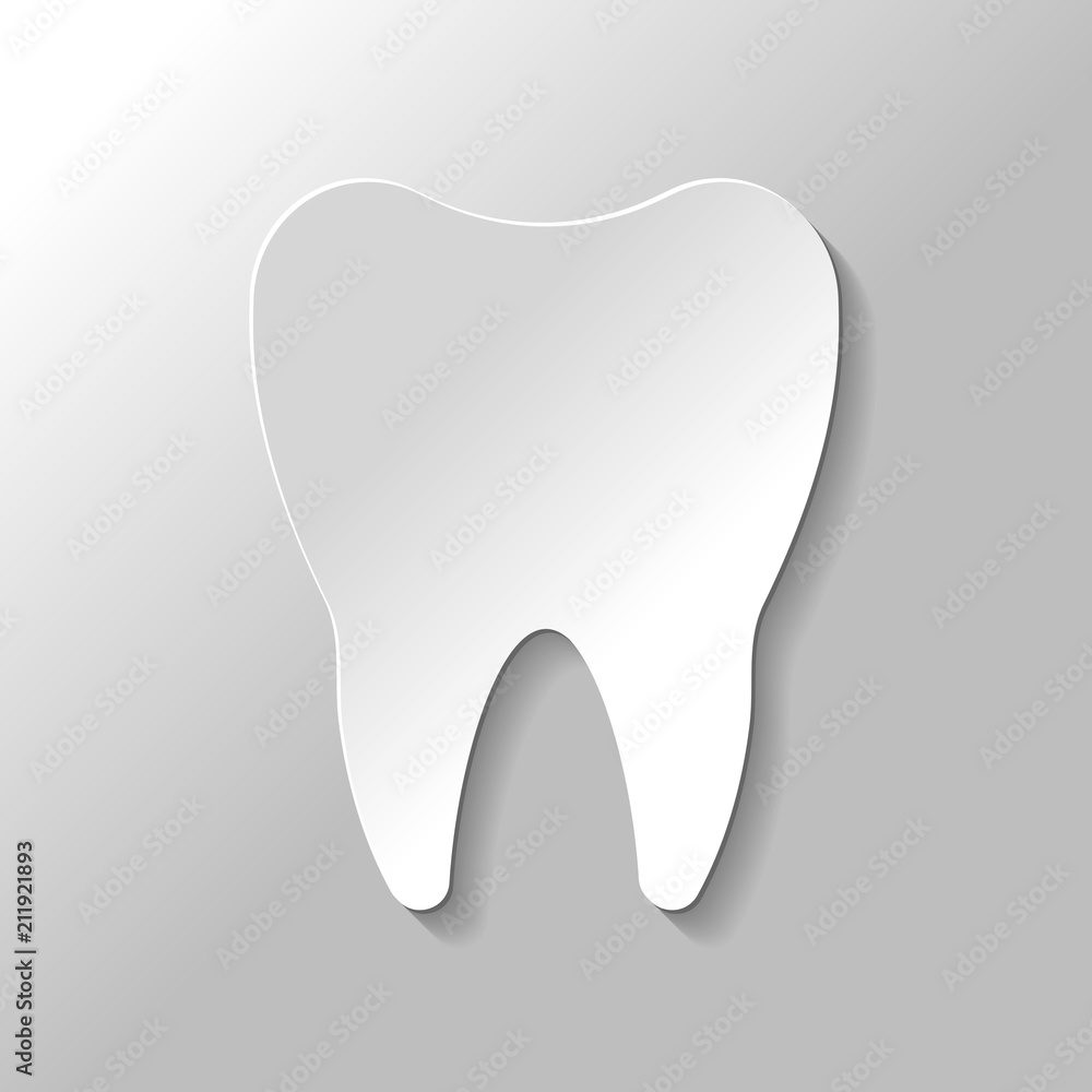 Silhouette of tooth. Simple icon. Paper style with shadow on gra Silhouette of tooth. Simple icon. Paper style with shadow on gra