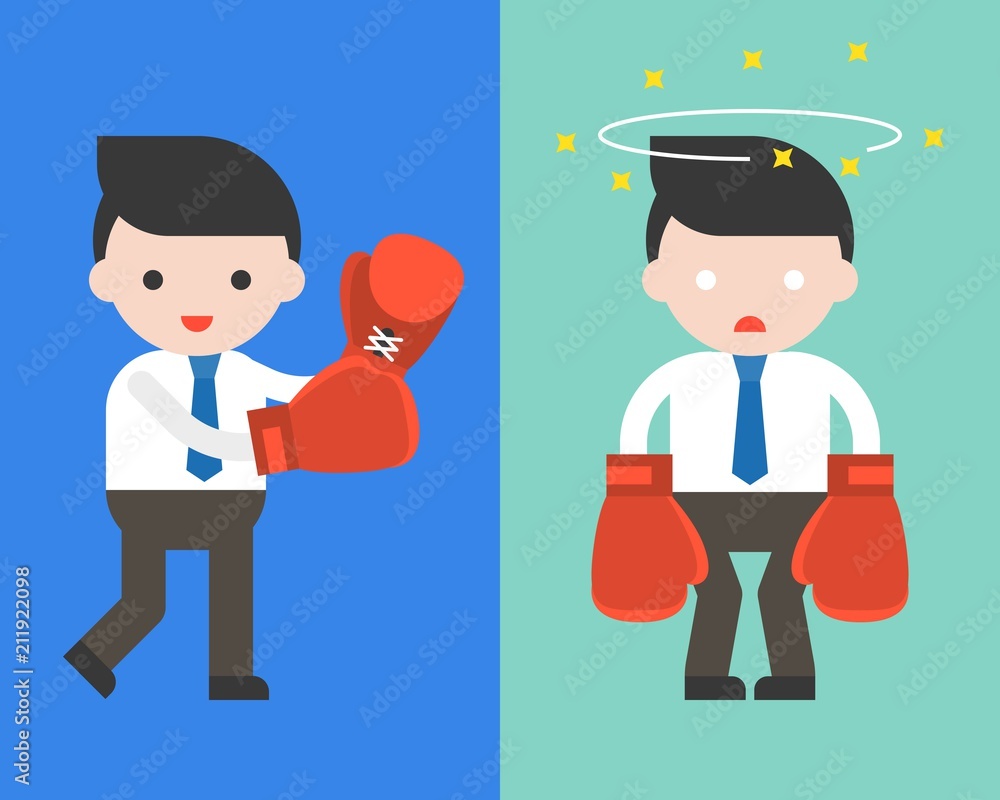 Cute Businessman or manager with boxing gloves, starting fight and dizzy, ready to use character, flat design