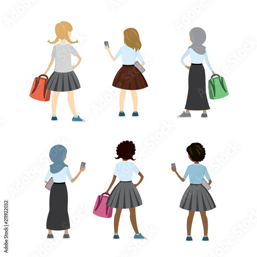 Set of characters schoolgirls of different nations,back view