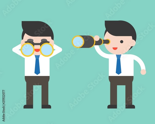 Cute Businessman or manager with binoculars and monocular scope, ready to use character, flat design