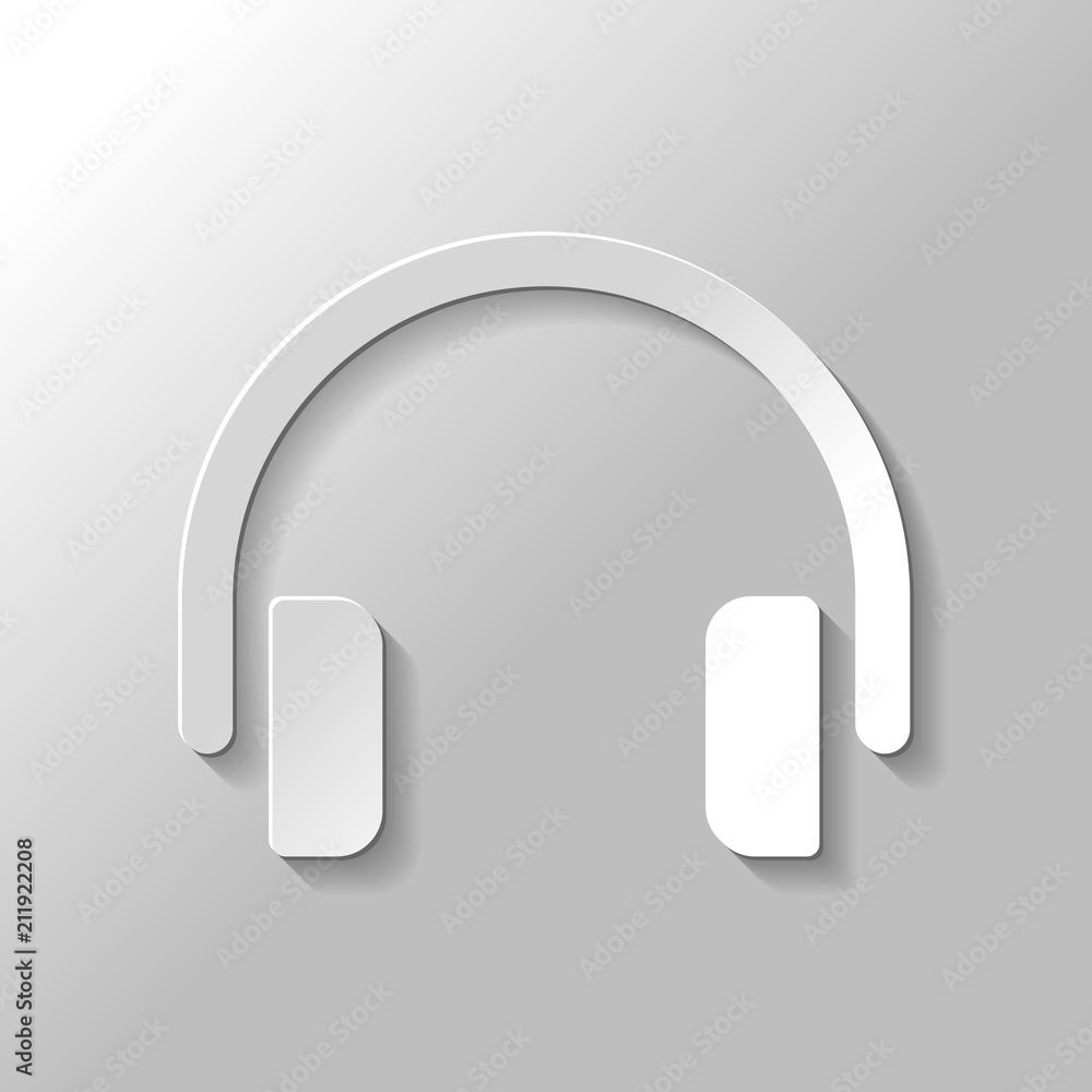 Simple headphones icon. Paper style with shadow on gray backgrou Simple headphones icon. Paper style with shadow on gray backgrou