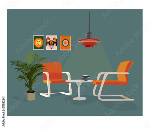 vector interior design illustration. home house decor decoration. furniture living room lounge. sofa armchair table coffee lamp cushion plant vase. modern contemporary designer trendy style. trend. 