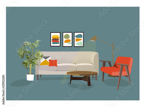 vector interior design illustration. home house decor decoration. furniture living room lounge. sofa armchair table coffee lamp cushion plant vase. modern contemporary designer trendy style. trend. 