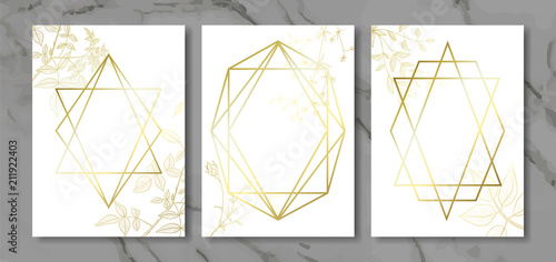 Luxury cards collection with hand-drawn plants and gold geometric shape.Vector trendy background. Modern set of abstract card, template,posters,invitational
