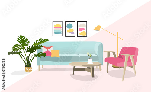 vector interior design illustration. home house decor decoration. furniture living room lounge. sofa armchair table coffee lamp cushion plant vase. modern contemporary designer trendy style. trend. 