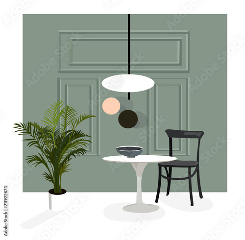 vector interior design illustration. home house decor decoration. furniture of dining room: chair, table, palm. modern contemporary designer trendy style. trendy house style.  interior design logo. 