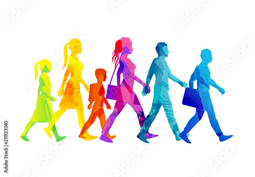 A selection of people silhouettes walking including children, women and men. Colourful texture vector illustration.