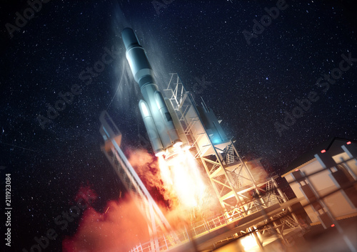 A large commercial rocket being launched into space at night. 3D illustration.