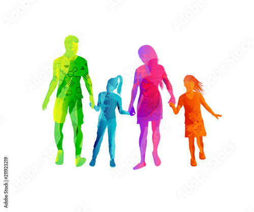 A happy family enjoying walking together and holding hands in colourful textures. Vector illustration