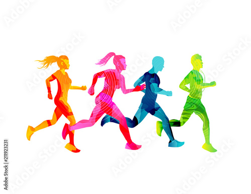 A group of running men and women staying fit. Colourful texture people silhouettes. Vector illustration.