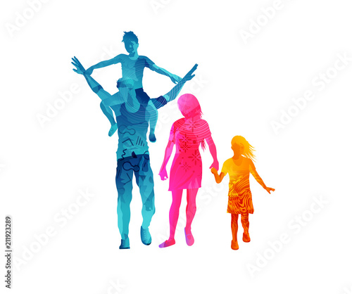Young parents spending the day out relaxing and walking with their children. Vector illustration.