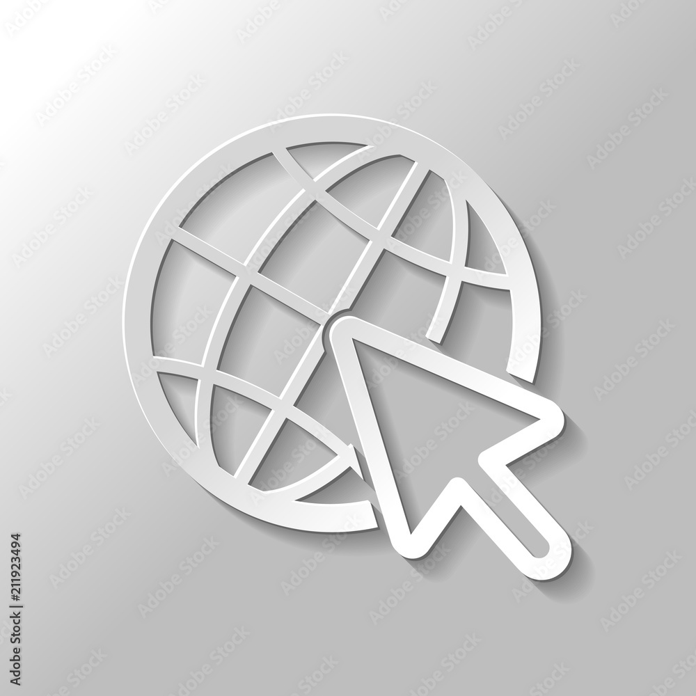 Globe and arrow icon. Paper style with shadow on gray background Globe and arrow icon. Paper style with shadow on gray background