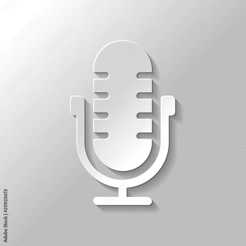 Simple microphone icon. Paper style with shadow on gray backgrou Simple microphone icon. Paper style with shadow on gray backgrou