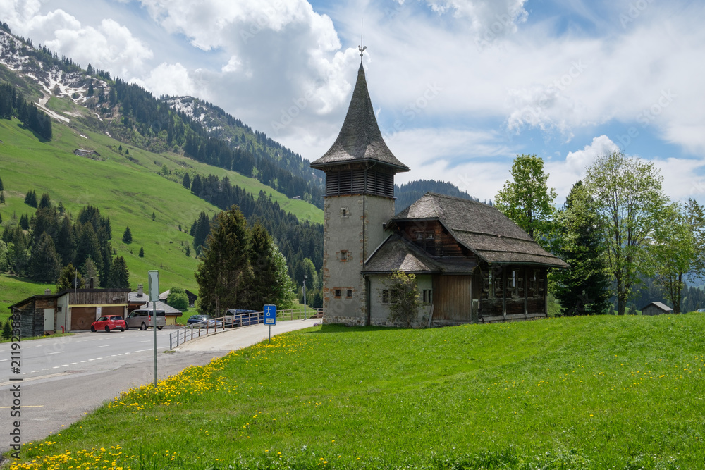 Church in the resort of Les Mosses, Vaud, Switzerland