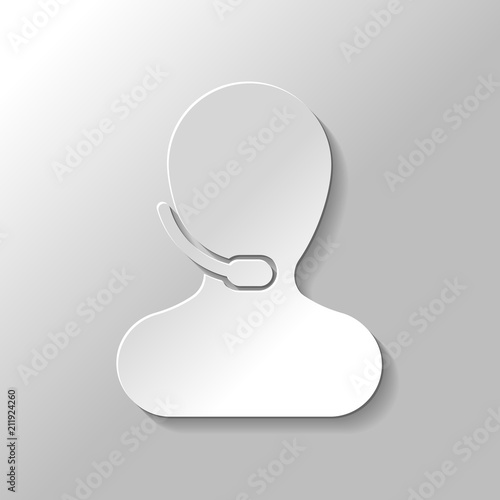 Person with microphone. Call center. Paper style with shadow on