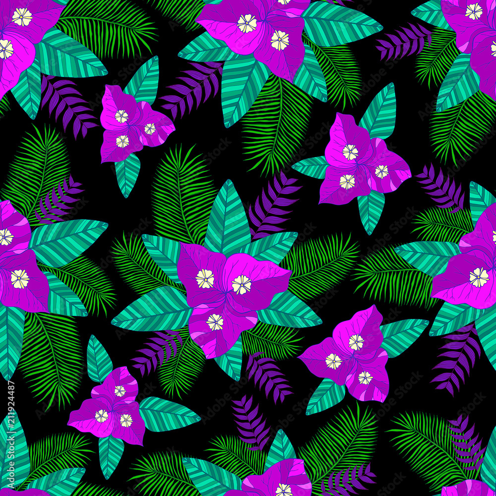 Fototapeta premium Tropical leaf palms, flower bougainvillea seamless pattern bac
