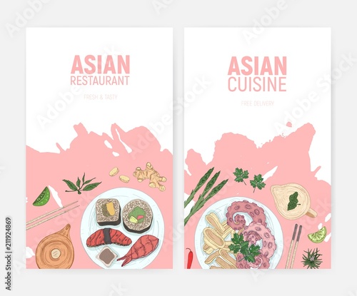 Set of colorful flyer templates with sushi and seafood meals lying on plates hand drawn on white background. Realistic vector illustration for Asian restaurant or food delivery service promotion.