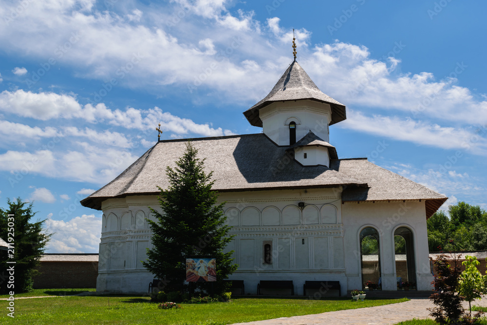 Targsoru Vechi near Ploiesti, Romania - June 26, 2018: View of Turnu Monastery church building and courtyard situated in Targsoru Vechi, Prahova, Romania. Targsoru Vechi near Ploiesti, Romania - June 26, 2018: View of Turnu Monastery church building and courtyard situated in Targsoru Vechi, Prahova, Romania.