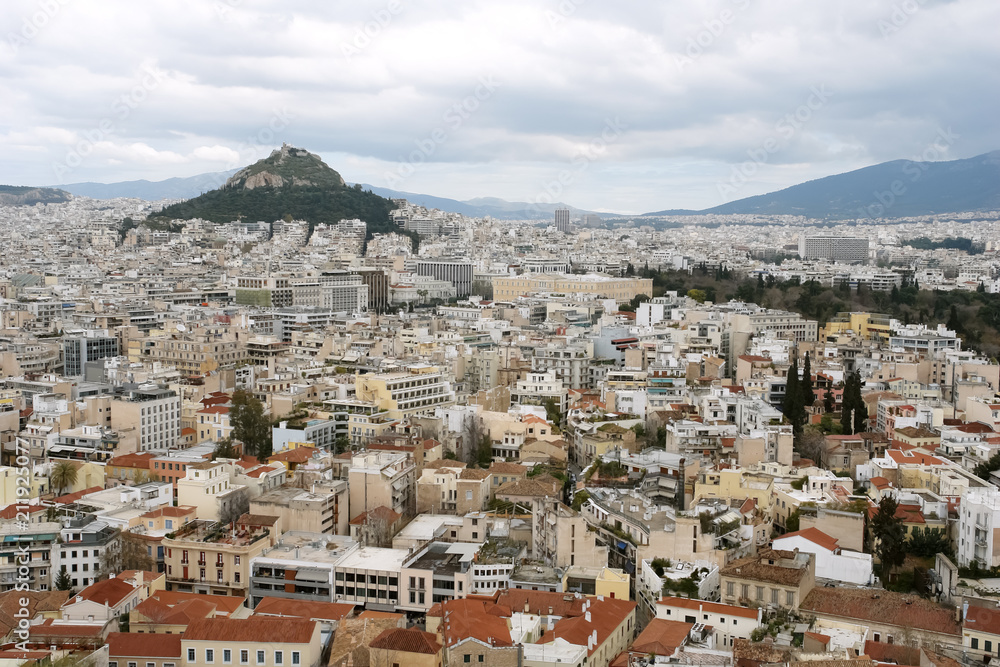 Panoramic view of Athens and Lycabettus Hill in spring.