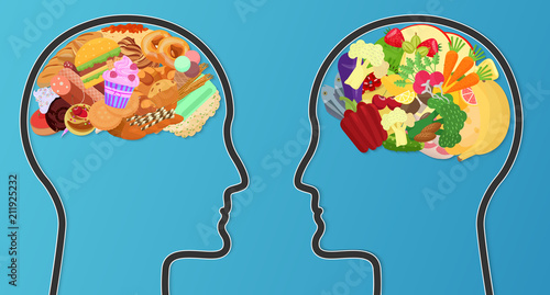 Vector Unhealthy junk food and healthy diet comparison. Food brain modern concept.