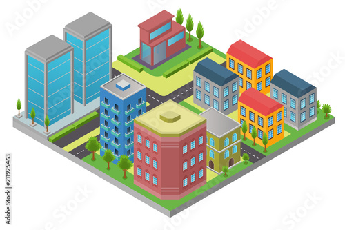 Design in isometry of city element with road and modern building in district isolated on white background.