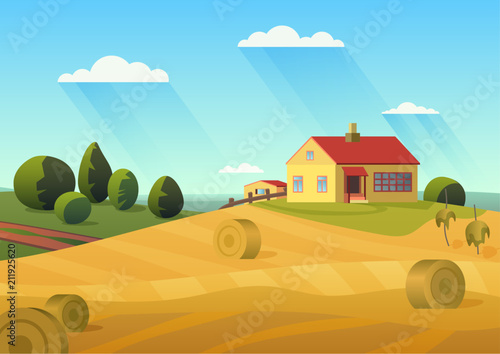 Print op canvas Colorful vector illustration of farmhouse in countryside with golden haystacks and blue sky