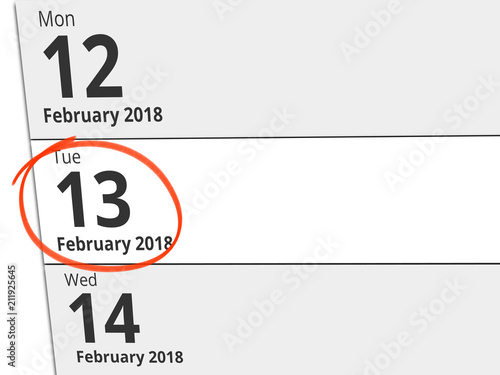 Date Tuesday 13 February 2018 circled in red on a calendar